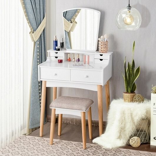 Makeup Vanity Set with 6 Drawers and Unique Shape Mirror - Free Shipping