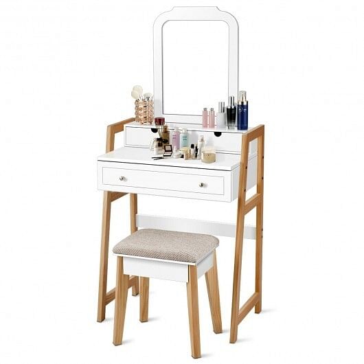 Vanity Table Set with Cushioned Stool and Large Mirror - Free Shipping