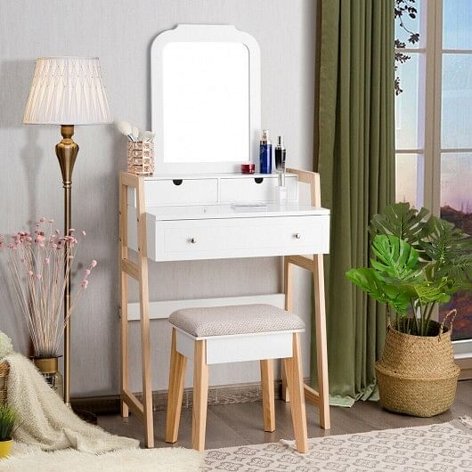 Vanity Table Set with Cushioned Stool and Large Mirror - Free Shipping