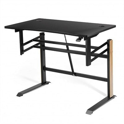 Pneumatic Height Adjustable Gaming Desk T Shaped Game Station with Power Strip Tray-Black - Free Shipping 