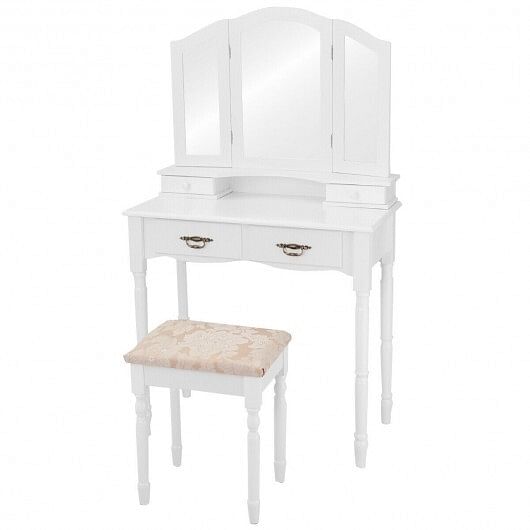 Simple Vanity Set with Tri-Folding Mirror Drawers and Storage Shelf-White - Free Shipping