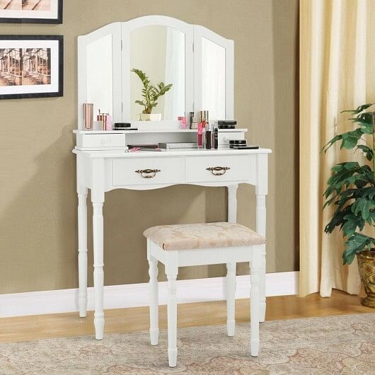 Simple Vanity Set with Tri-Folding Mirror Drawers and Storage Shelf-White - Free Shipping