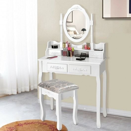 Vanity Table Set with Oval Mirror and 4 Drawers - Free Shipping