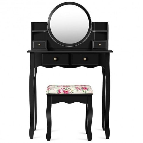 Makeup Vanity Table Set Girls Dressing Table with Drawers Oval Mirror-Black - Free Shipping