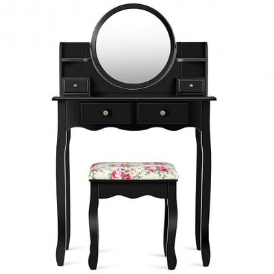 Makeup Vanity Table Set Girls Dressing Table with Drawers Oval Mirror-Black - Free Shipping 