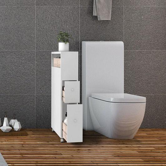 Slim Bathroom Cabinet Wooden Toilet Organizer with Deep Slide Out Drawers - Free Shipping