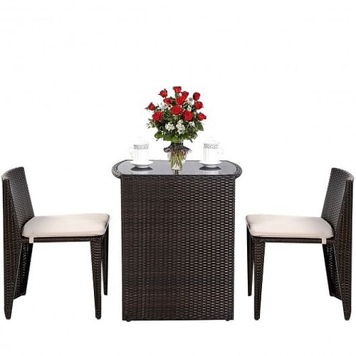 3 Pieces Cushioned Wicker Patio Bistro Set with No Assembly Needed - Free Shipping 
