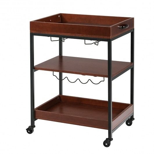 3 Tiers Kitchen Island Serving Bar Cart with Glasses Holder and Wine Bottle Rack - Free Shipping 