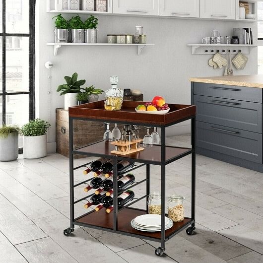 3 Tiers Storage Bar Serving Cart with Wine Rack - Free Shipping 