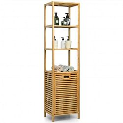 Bamboo Tower Hamper Organizer with 3-Tier Storage Shelves-Natural - Free Shipping 