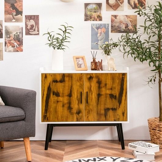 Mid-Century Wood Storage Cabinet with 2 Doors and Metal Legs for Entryway - Free Shipping