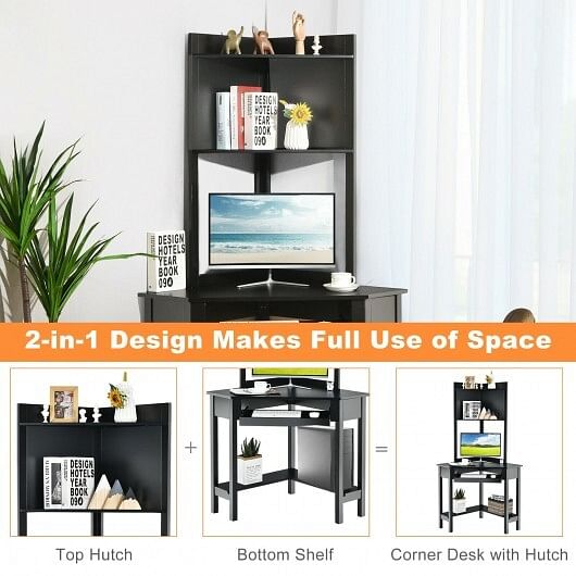 Corner Computer Desk with Hutch and Storage Shelves-Black - Free Shipping 