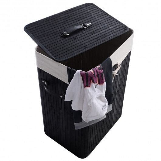 Rectangle Bamboo Hamper Laundry Basket Washing Cloth Bin Storage Bag Lid 3 color-Black - Free Shipping