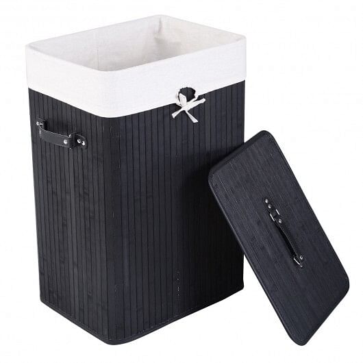 Rectangle Bamboo Hamper Laundry Basket Washing Cloth Bin Storage Bag Lid 3 color-Black - Free Shipping