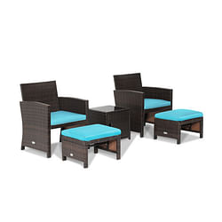 5 Pieces Patio Rattan Furniture Set with Ottoman and Tempered Glass Coffee Table-Turquoise - Free Shipping