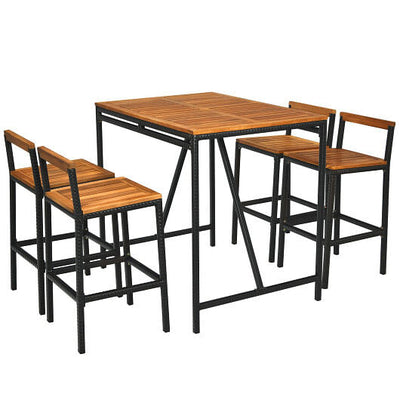 5 Pieces Outdoor Acacia Wood and PE Rattan Bar Set - Free Shipping 