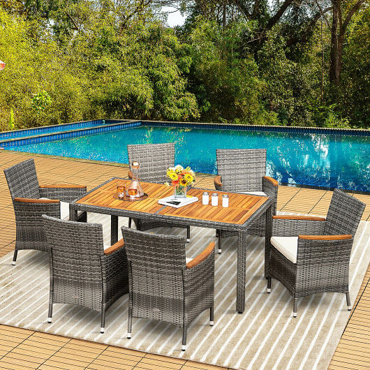 7 Pieces Patio Acacia Wood Cushioned PE Rattan Wicker Dining Set - Free Shipping