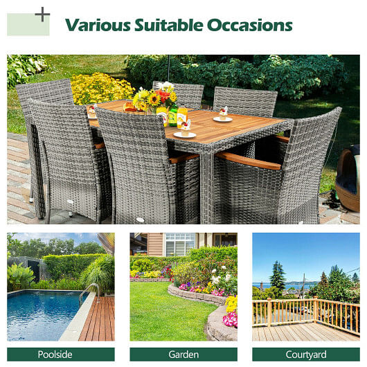 7 Pieces Patio Acacia Wood Cushioned PE Rattan Wicker Dining Set - Free Shipping