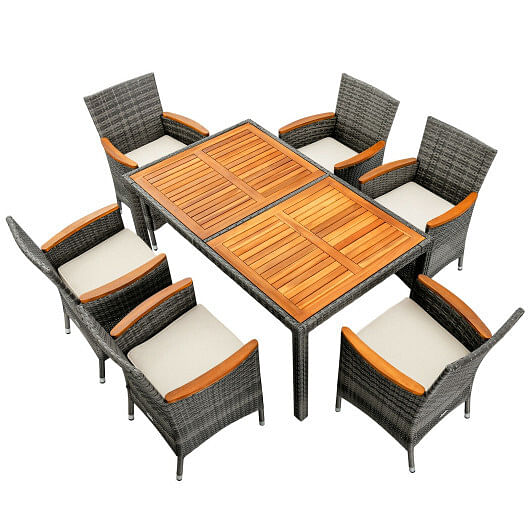 7 Pieces Patio Acacia Wood Cushioned PE Rattan Wicker Dining Set - Free Shipping