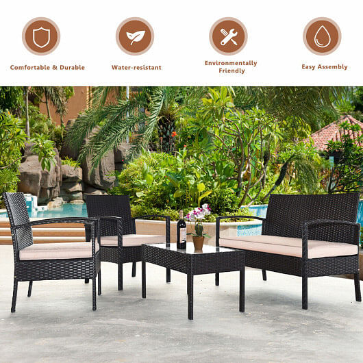 4 Pieces Patio Rattan Conversation Set with Loveseat Sofas and Coffee Table - Free Shipping 