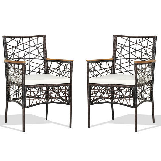 2 Pieces PE Wicker Patio Bistro Dining Chairs with Acacia Wood Armrests and Cushions - Free Shipping 