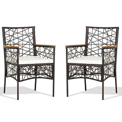 2 Pieces PE Wicker Patio Bistro Dining Chairs with Acacia Wood Armrests and Cushions - Free Shipping 