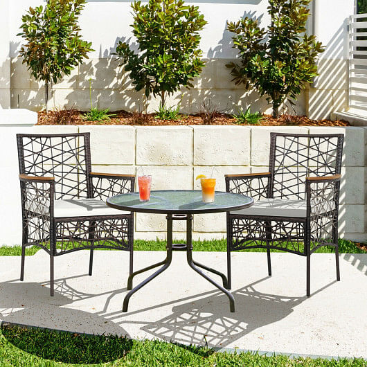 2 Pieces PE Wicker Patio Bistro Dining Chairs with Acacia Wood Armrests and Cushions - Free Shipping 