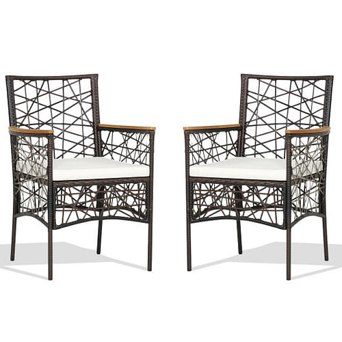 2 Pieces PE Wicker Patio Bistro Dining Chairs with Acacia Wood Armrests and Cushions - Free Shipping 