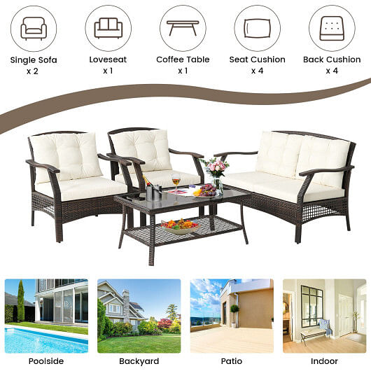 4 Pieces Outdoor Rattan Conversation Set with Protective Cover - Free Shipping 