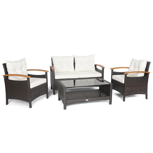 4 Pieces Patio Rattan Furniture Set with Cushioned Sofa and Storage Table-White - Free Shipping 