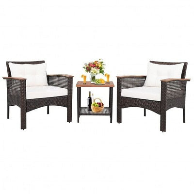 3 Pieces Patio Rattan Furniture Set with Acacia Wood Tabletop - Free Shipping 