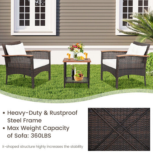 3 Pieces Patio Rattan Furniture Set with Acacia Wood Tabletop - Free Shipping 