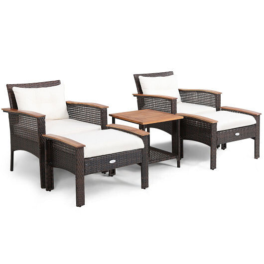 5 Pieces Patio Rattan Furniture Set with Acacia Wood Table - Free Shipping