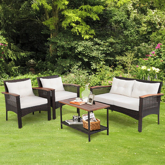 4 Pieces Patio Rattan Acacia Wood Furniture Set with Cushions and Armrest - Free Shipping 