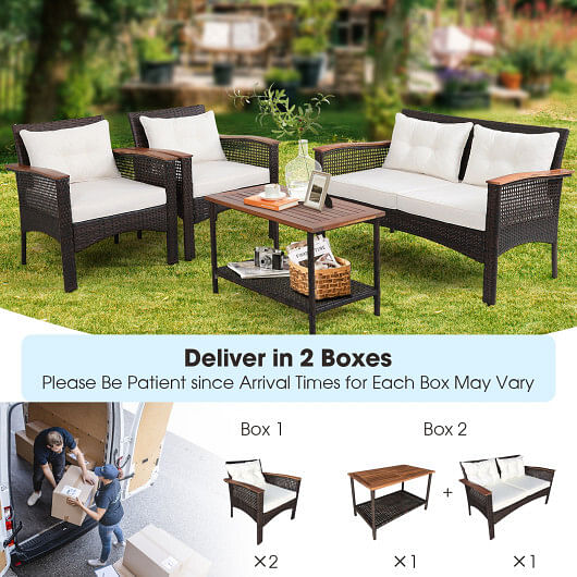 4 Pieces Patio Rattan Acacia Wood Furniture Set with Cushions and Armrest - Free Shipping 