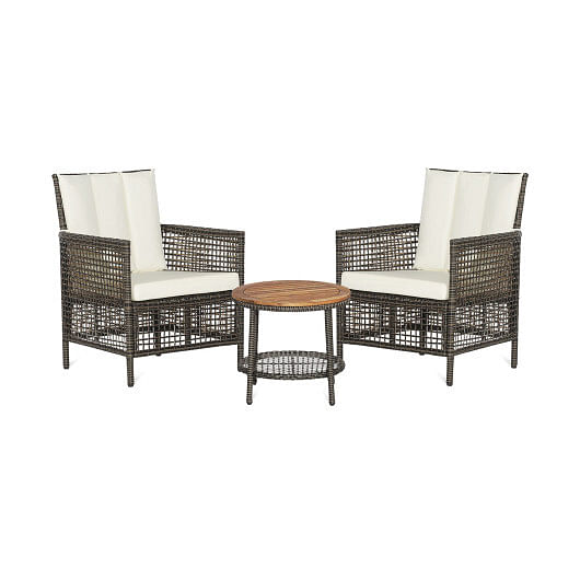 3 Pieces Patio Rattan Furniture Set with Cushioned Sofas and Wood Table Top-White - Free Shipping 