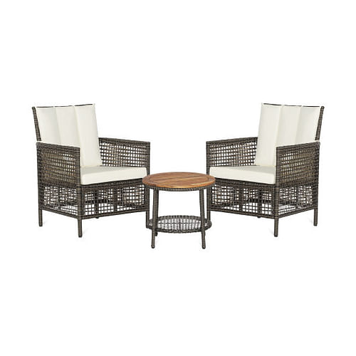 3 Pieces Patio Rattan Furniture Set with Cushioned Sofas and Wood Table Top-White - Free Shipping 