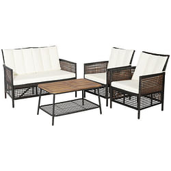 4 Pieces Patio Rattan Furniture Set with 2-Tier Coffee Table-White - Free Shipping 