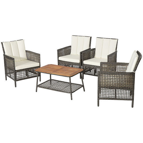 5 Pieces Patio Rattan Furniture Set Cushioned Sofa Armrest Wooden Tabletop-Off White - Free Shipping