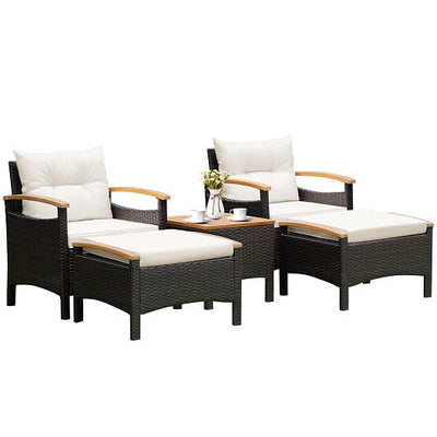 5 Pieces Patio Conversation Set with Cushions Coffee Table and 2 Ottomans - Free Shipping 