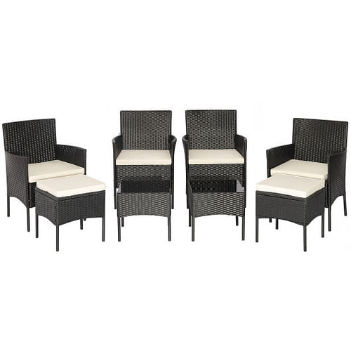 8 Pieces Patio Wicker Conversation Set with 2 Coffee Tables and 2 Ottomans - Free Shipping 