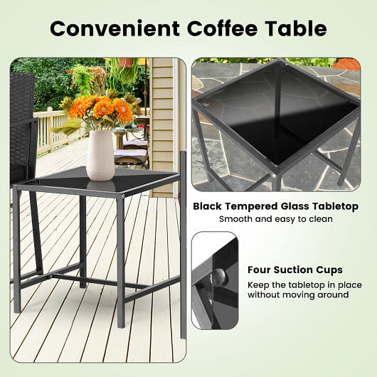 3 Pieces Modern Heavy Duty Patio Furniture Set with Coffee Table-Black - Free Shipping