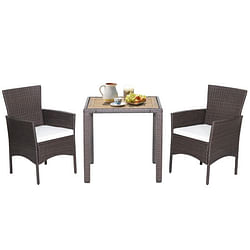 3 Pieces Patio Wicker Furniture Set wih Acacia Wood Table Top and Chair Cushiones - Free Shipping 