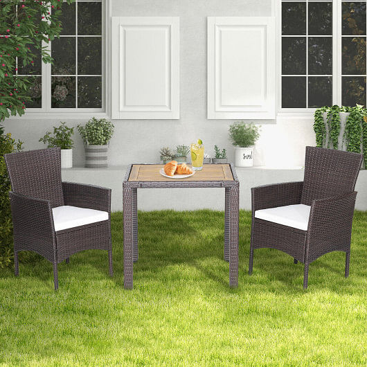 3 Pieces Patio Wicker Furniture Set wih Acacia Wood Table Top and Chair Cushiones - Free Shipping 