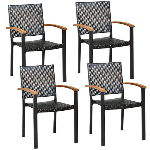 Set of 4 Outdoor Patio PE Rattan Dining Chairs with Powder-coated Steel Frame - Free Shipping