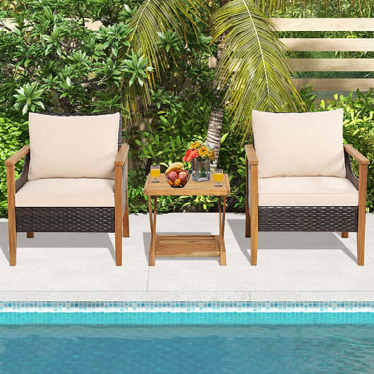 3 Pieces Patio Wicker Furniture Set with 2-Tier Side Table and Cushioned Armchairs-Natural - Free Shipping 