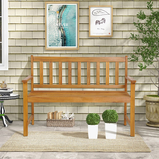 2-Person Patio Acacia Wood Bench with Backrest and Armrests - Free Shipping 