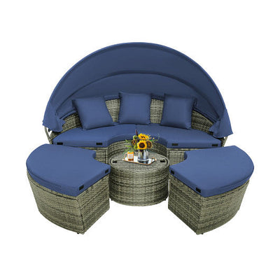 Outdoor PE Wicker Round Daybed with Retractable Canopy and Cushions-Navy - Free Shipping 