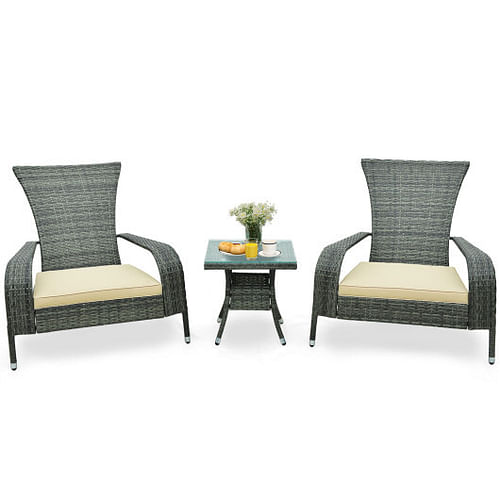 3-Piece Wicker Adirondack Set with Comfy Seat Cushions-Gray - Free Shipping