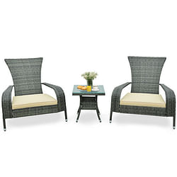 3-Piece Wicker Adirondack Set with Comfy Seat Cushions-Gray - Free Shipping 